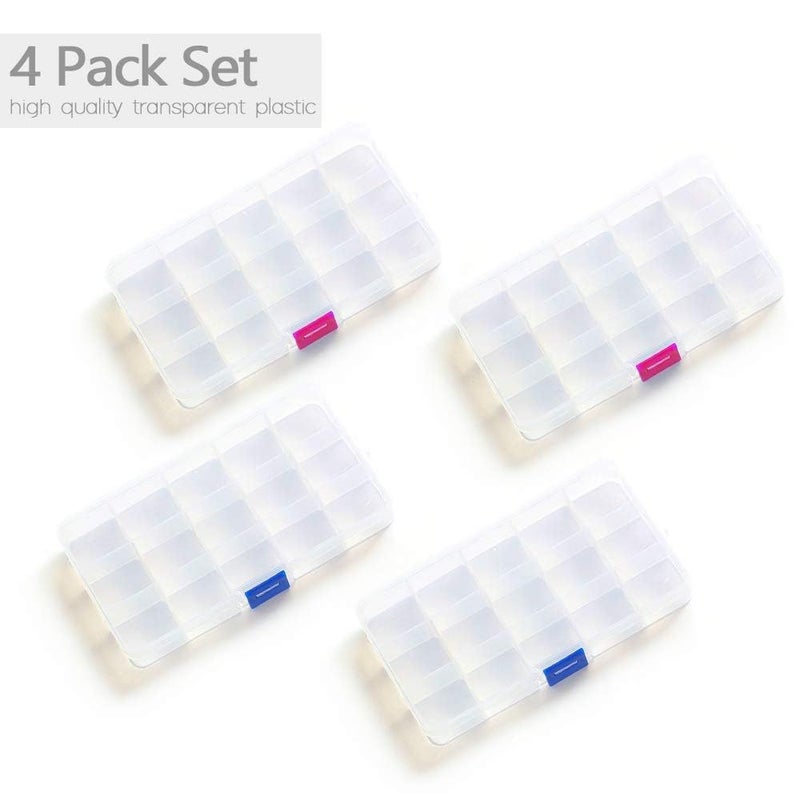 Opret 15 Grids Bead Organizer(4 Pack), Earring Organizer Box, SMALL Plastic Clear Organizing Containers with Adjustable Dividers for Crafts Jewelry Screws Small Items, Size 6.9Ã—3.9Ã—0.9in - Image 2